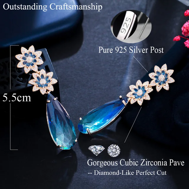 Blue flower dangling earrings
