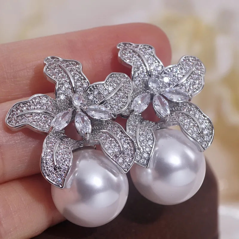 Elegant imitation big pearl stud brudal earrings, suitable for Brides and luxury events. AAA grade Zirconia .