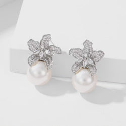 Elegant imitation big pearl stud brudal earrings, suitable for Brides and luxury events. AAA grade Zirconia .