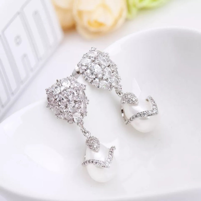 Ear drop sterring earrings with fresh water pearls