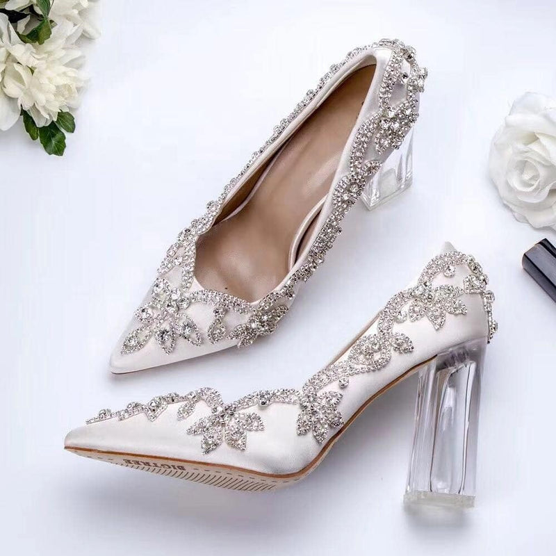 luxury satin silk Wedding Shoes for a Bride with Clear Heels Crystal Pumps