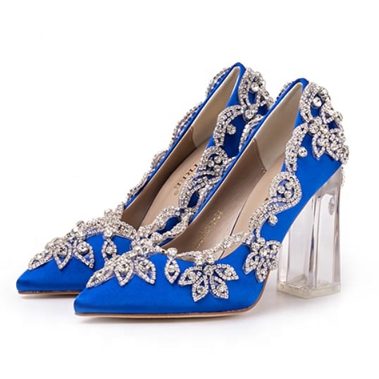 luxury satin silk Wedding Shoes for a Bride with Clear Heels Crystal Pumps