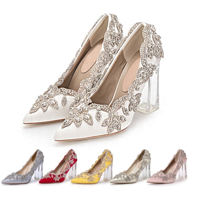 luxury satin silk Wedding Shoes for a Bride with Clear Heels Crystal Pumps